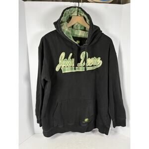 JOHN DEERE Official Hooded Sweatshirt Size XXL Black Green Plaid Lining and LOGO
